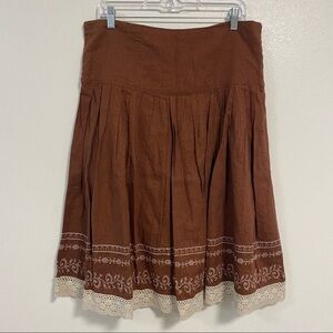 Ninety Skirt Women’s Size Large Brown Linen Blend Embroidered Skirt